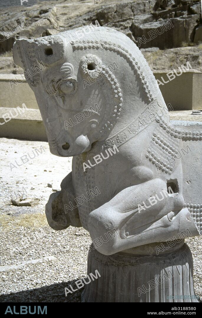 Persepolis. Palace of the Hundred Columns. 5th century BC. Capital in the shape of a bull. UNESCO World Heritage Site. Islamic Republic of Iran.