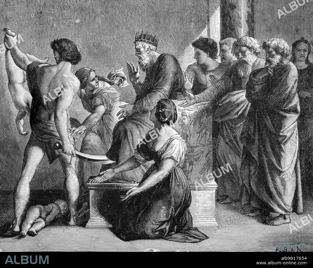 King Solomon's Judgment, First Book of Kings, Chapter 3, Verses 5-28, Old Testament, Bible, Solomonic, Solomon, piety, wisdom, woman, two infants, infants, interior, group, sword, son, death, mothers, bisect, plead, justice, historical illustration 1890