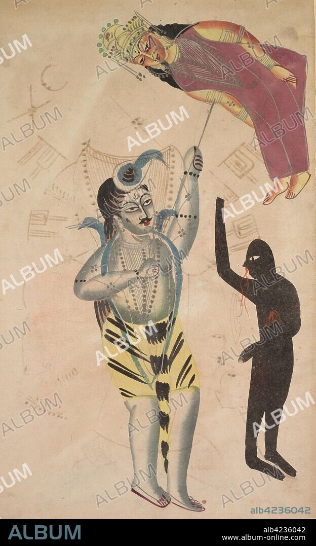 Shiva Bearing Aloft the Body of His Sati, 1800s. India, Calcutta, Kalighat painting, 19th century. Black ink, watercolor, and tin paint, with graphite underdrawing on paper; secondary support: 48 x 29.1 cm (18 7/8 x 11 7/16 in.); painting only: 45.6 x 27.8 cm (17 15/16 x 10 15/16 in.).