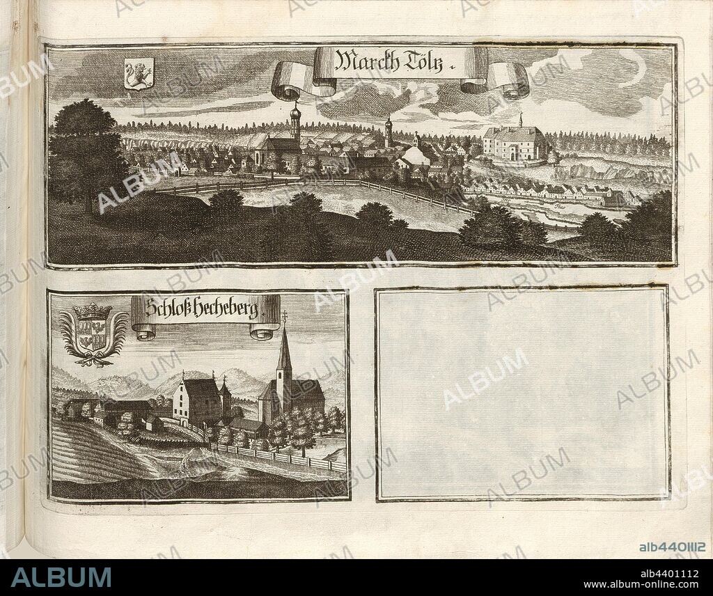 Marcth Tölz and Castle Hecheberg, Bad Tölz and Hechenberg Castle in Dietramszell in Bavaria (Germany), Fig. 202, p. 108, Wening, Michael (del. et sc.), 1701, Michael Wening: Historico-topographica descriptio. Das ist: Beschreibung, dess Churfürsten- und Hertzogthumbs Ober- und Nidern Bayrn, welches in vier Theil oder Rennt-Aembter, als Oberlands München und Burgkhausen, Underlands aber in Landshuet unnd Straubing abgetheilt ist [...]. Thail 1. München: bey Johann Lucas Straub, gem: lobl. Landtschafft Buchtruckern, anno M.DCCI. [1701].