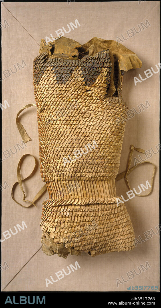Scale Armor, 8th–3rd century B.C., Subeixi or Scythian, Leather, pigments, H. 27 3/4 in. (70.5 cm); W. at shoulders 15 3/4 in. (40 cm), Armor for Man, Not only is this extraordinary armor the best-preserved scale armor from antiquity, but it is also the single known example entirely of leather that survives from such an early period. It consists of a sleeveless garment made of fifty-six rows of hard scales, which are secured by rawhide laces to a soft leather lining.