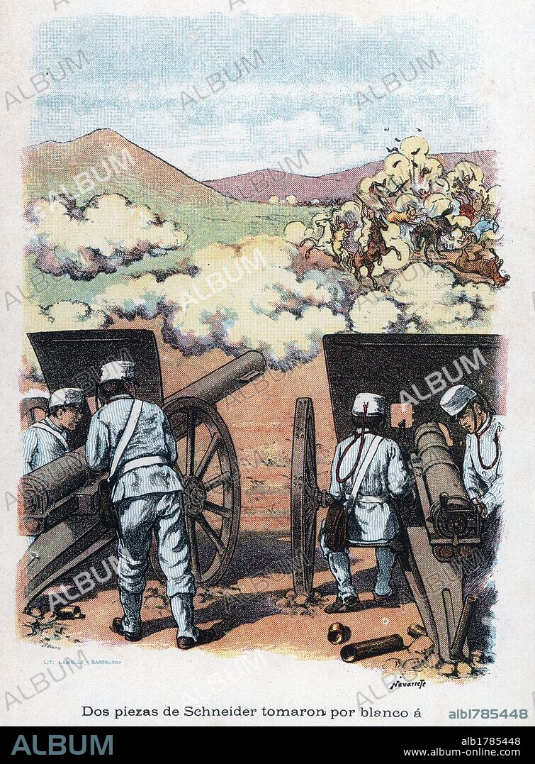 España. Campaña de Marruecos de 1909. Cañones Schneider disparando contra la caballería mora. Dibujo de Navarrete, año 1910.