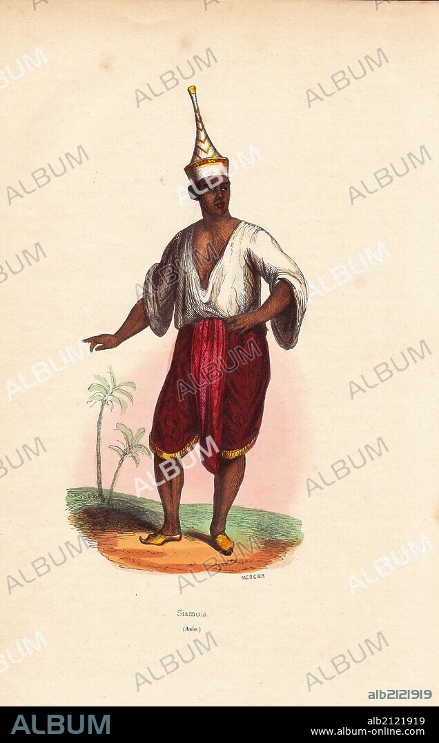 Siamese man (Thailand) in pointed hat, shirt, dhoti, and slippers. Handcoloured woodcut by Mercier from Auguste Wahlen's "Moeurs, Usages et Costumes de tous les Peuples du Monde," Librairie Historique-Artistique, Brussels, 1845. Wahlen was the pseudonym of Jean-Francois-Nicolas Loumyer (1801-1875), a writer and archivist with the Heraldic Department of Belgium.