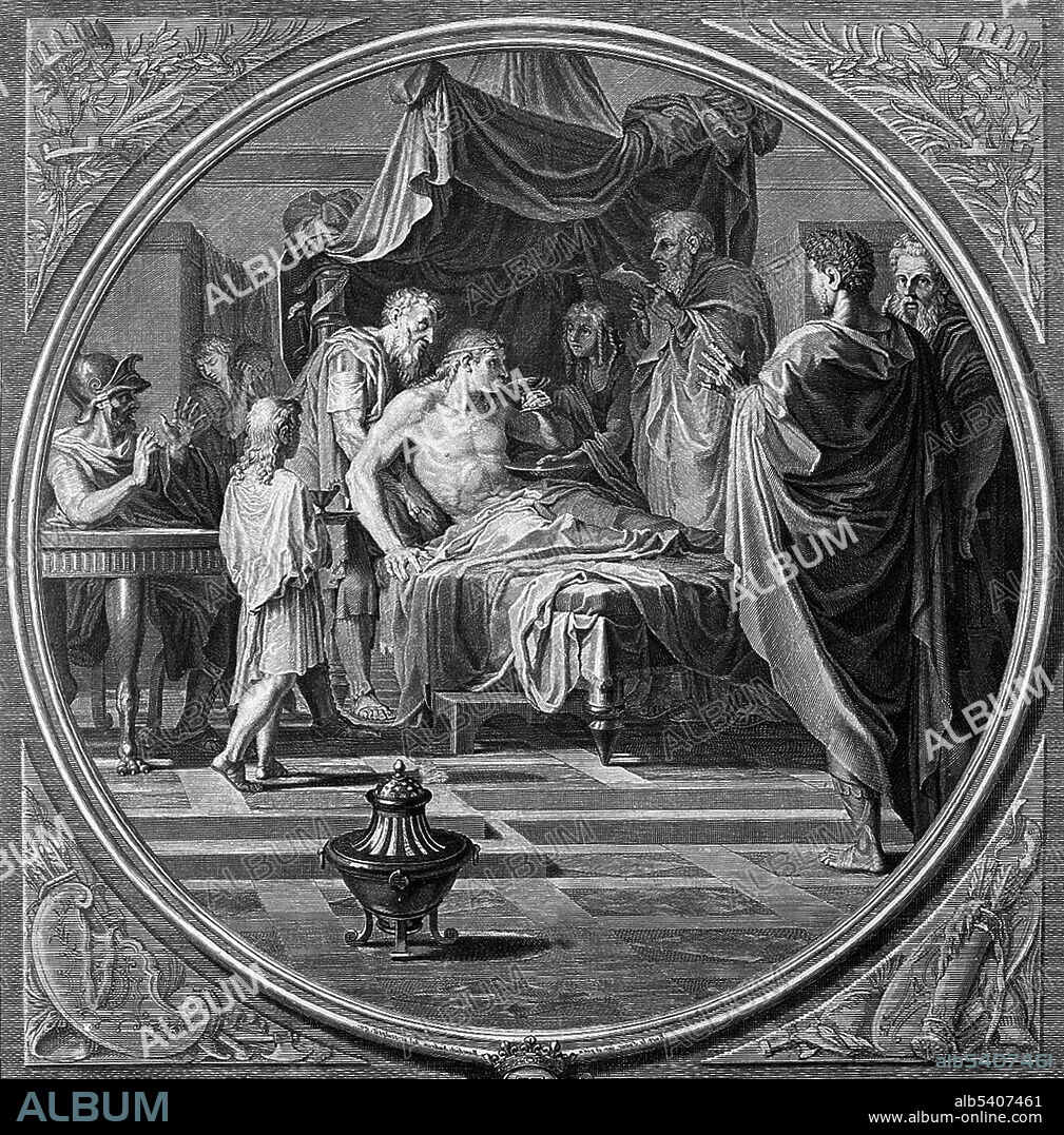 The story of Alexander the Great and his doctor, Philip, is told by many ancient authors. Plutarch relates how, after Alexander fell ill, one of his generals wrote him a letter warning that Philip, Alexander's doctor and old friend, had been corrupted by the Persian enemy. Alexander nevertheless trusted Philip and fearlessly drank the medicine which the latter had prepared.  Alexander III of Macedon (356-323 BC) was a Greek king. In 334 BC, he invaded Persian-ruled Asia Minor and began a series of campaigns that lasted ten years. Alexander broke the power of Persia in a series of decisive battles, overthrew the Persian King Darius III and conquered the entirety of the Persian Empire. He was undefeated in battle and is considered one of history's most successful commanders. His campaigns greatly increased contacts and trade between East and West, and vast areas to the east were significantly exposed to Greek civilization and influence. In June 323 BC, Alexander died a painful death in the palace of Nebuchadnezzar II, at age 33. Engraving by Benedict Audran after a painting by Eustache Le Seur, undated.