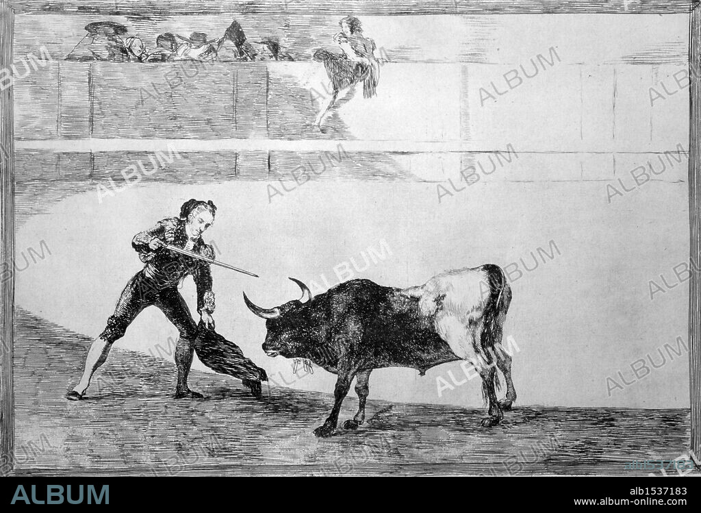 Francisco de Goya y Lucientes (Fuendetodos, 1746-Burdeos, 1828). Grabado. Serie "Tauromaquia" (aguafuerte). Plancha 30ª: Pedro Romero matando a toro parado. Primera edición. Madrid, 1816.
