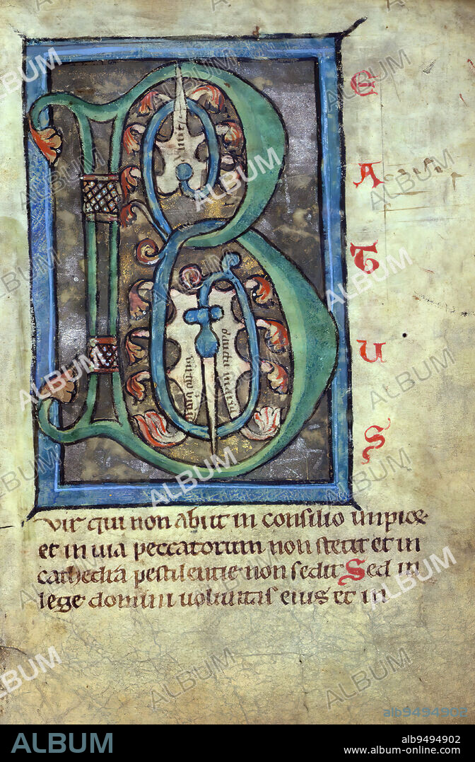 Psalter of St. Mary of Strasbourg, Foliate initial B (Beatus vir), This Latin Psalter was made in the second half of the thirteenth century for use in the Diocese of Constance, Germany. By the fourteenth century, it was owned by the church of St. Mary of Strasbourg, from which it gets its name. The long life and enthusiastic use of the manuscript is attested to by a multitude of added inscriptions, prayers, and antiphons with neumes, most dating to the fifteenth or sixteenth centuries. An early system of bookmarking is also evident here, for strips of parchment have been cut in some of the margins and folded through a slit in the page, creating tabs that would have helped the reader navigate through the text. Illumination also served this function, for while a short cycle of images from the life of Christ introduces the manuscript, the rest of the illumination, large decorated initials as well as smaller ones in silver and gold, marked the important psalms for the reader. The style of illumination found here is closely related to two other Psalters from Constance: Sigmaringen.