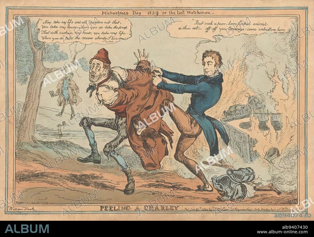Cartoon on Sir Robert Peel, Peeling a Charley / Michaelmas Day 1829 or the last Watchman (title on object), Cartoon on Sir Robert Peel in which Peel pulls the coat from the back of a poor night watchman (rattler). On the right a fire in which the lanterns and rattles of the guards are burned., print maker: William Heath, (mentioned on object), publisher: Thomas McLean, (mentioned on object), print maker: England, publisher: London, 29-Sep-1829, paper, etching, height 258 mm × width 372 mm.