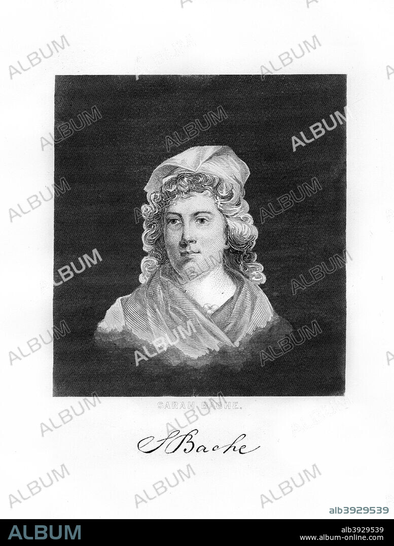 Sarah Franklin Bache, American revolutionary war patriot, 1872. Bache (1743-1808) was the only daughter of Benjamin Franklin. Engraving from John Gilmary Shea's A Child's History of the United States, Hess and McDavitt, (New York, 1872).