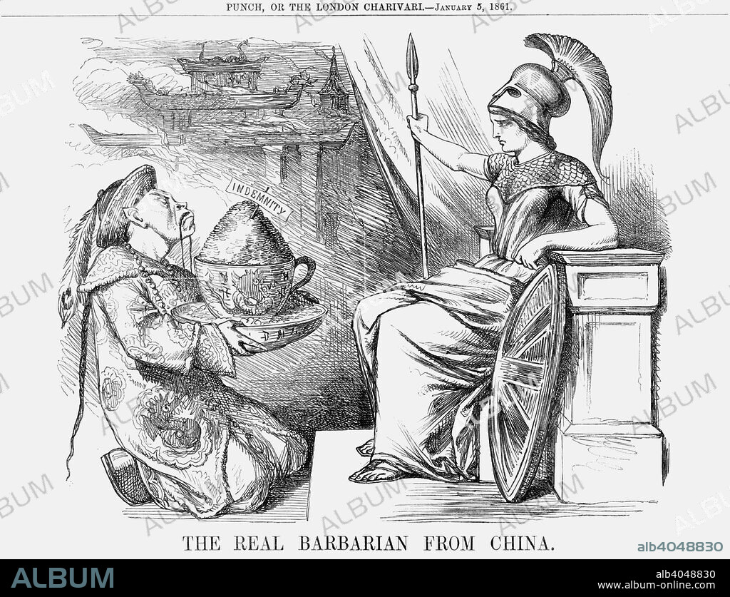 'The Real Barbarian from China', 1861. A sullen Chinese man, representing China, presents Britannia with cash, presumably to settle all or part of the commitment China was forced to agree to after the Convention of Tientsin, in the hope that it would then be indemnified against further action. The Convention of Tientsin between Britain, France and China had provided for the sum of 3,000 taels to be paid to all those who had suffered at the hands of the Chinese during the recent war. This war had occurred as Britain and France had felt that China had reneged on the terms of the Treaty of Tientsin, which gave the two countries certain commercial concessions. China had shown signs to wanting to renege on the terms of the Convention and had been threatened with further military action. From Punch, or the London Charivari, January 5, 1861.