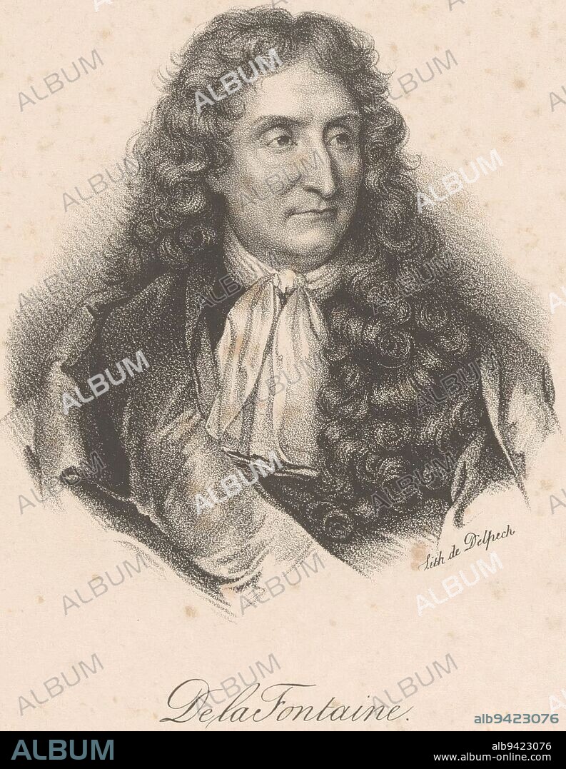 Portrait of Jean de La Fontaine, anonymous, veuve Delpech (Naudet), after Hyacinthe Rigaud, in or after 1818 - in or before 1842, print maker: anonymous, after: Hyacinthe Rigaud, printer: veuve Delpech (Naudet), (mentioned on object), Paris, in or after 1818 - in or before 1842, paper, h 269 mm - w 174 mm.