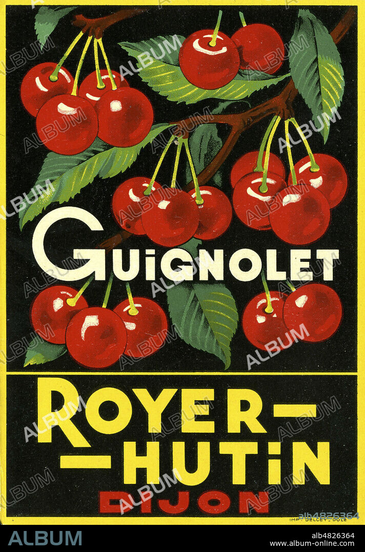 'Guignolet Royer-Hutein, Dijon'. Etiquette de bouteille de liqueur a la cerise vers 1920. Credit : Collection KHARBINE-TAPABOR.
