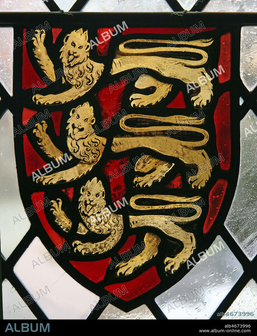 'Three Lions', les Trois Lions, blason anglais. Vitrail de la cathedrale de Bristol (Avon, Angleterre), vers le 15e, XVe s. Photographie par Painton Cowen. Credit : Collection COWEN/KHARBINE-TAPABOR.
