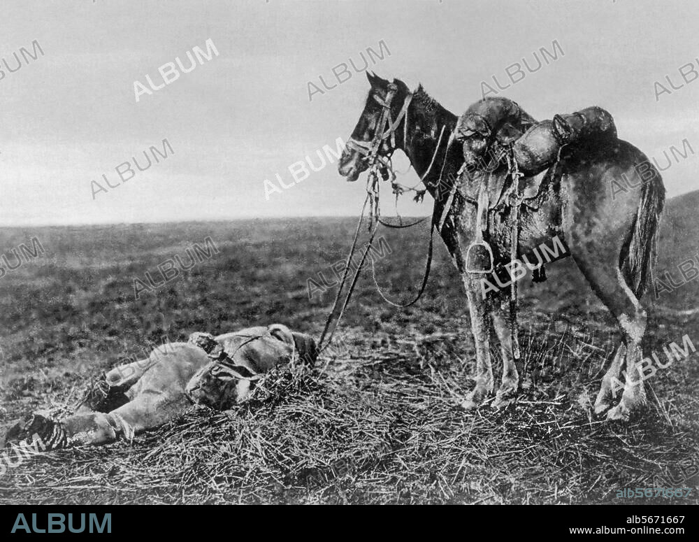 Histoire / Première Guerre mondiale /. Balkans. - "Un épisode de Valachie: un "camarade fidèle". (Soldat tué avec son cheval.) - Photo, vers 1916.