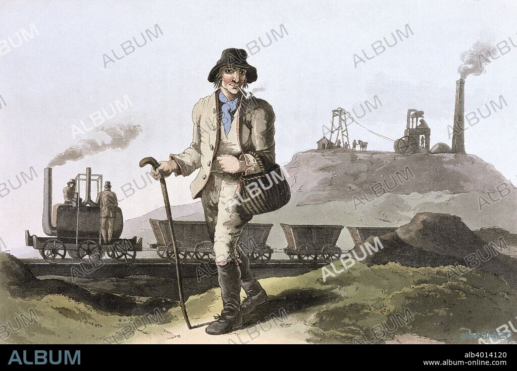 Blenkinsop steam locomotive at Middleton colliery near Leeds, West Yorkshire, 1814. From Costume of Yorkshire by George Walker, 1814. Mining engineer and inventor John Blenkinsop (1783-1831) designed the first practicable steam locomotive, the 'Salamanca', in 1812. It operated by means of a rack and pinion system. Richard Trevithick had built a steam locomotive in 1805 for Wylam colliery, but it had been too heavy for the cast iron rails it was meant to run on. Middleton colliery laid iron edge rails, which were stronger than those used at Wylam. Blenkinsop went on to build three further locomotives for the colliery, which carried on operating on the railway into the 1830s. In the meantime, further improvements in rail design meant that heavier adhesion locomotives could be used, superseding Blenkinsop's rack and pinion engines.