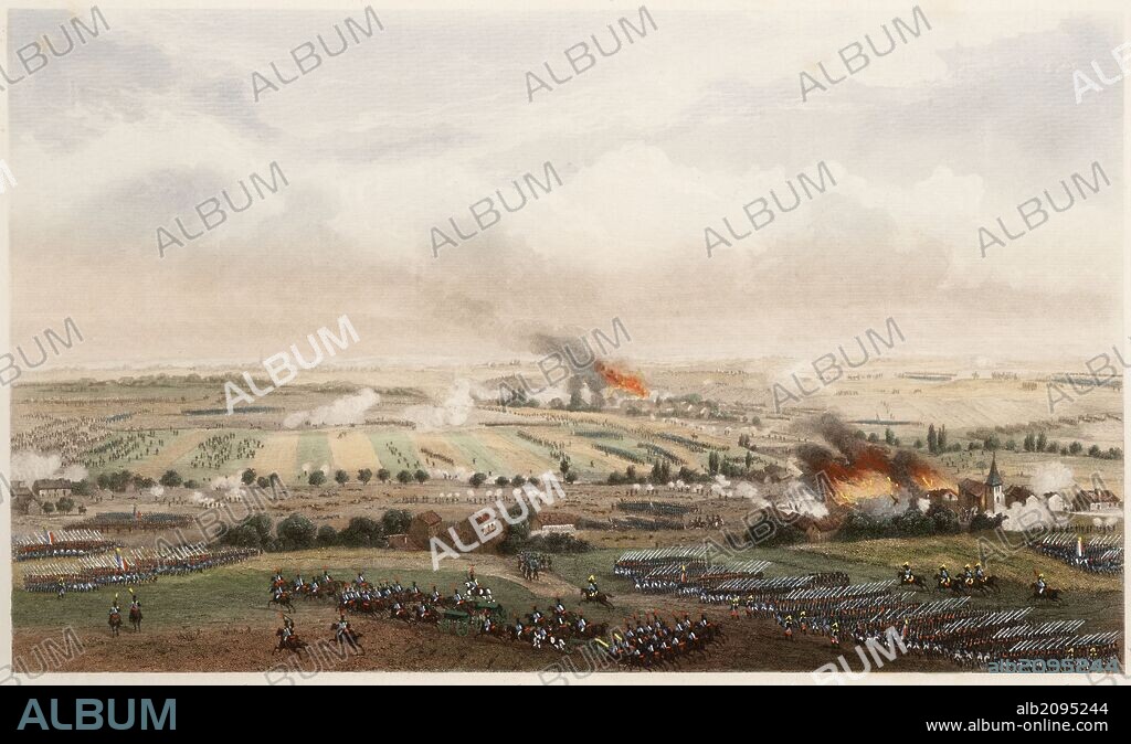 Francia. Guerras napoleónicas. Batalla de Ligny el 16 de junio de 1815 que enfrentó el ejército frances contra la Séptima Coalición integrada por Reino Unido, Rusia, Prusia, Suecia, Austria, Paises Bajos y algunos estados alemanes. Grabado del siglo XIX.