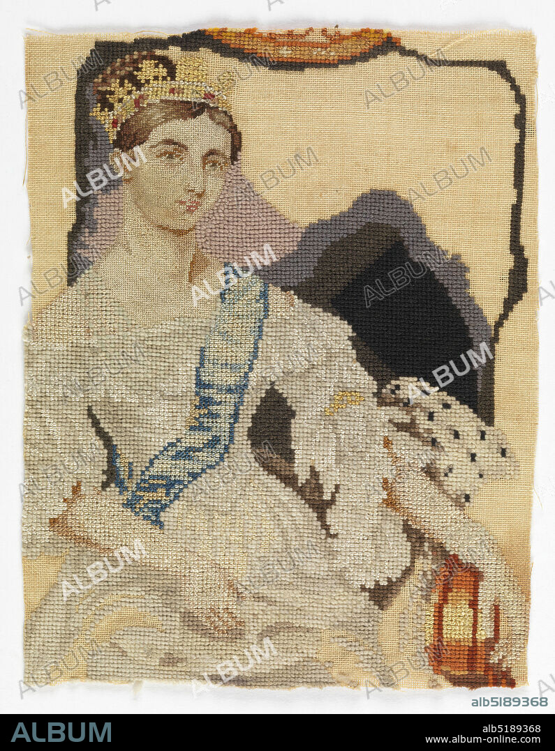 Embroidered picture, Medium: cotton, wool, silk Technique: counted stitch embroidery on plain weave, Portrait of Queen Victoria as a young woman, possibly at her coronation in 1837. Unfinished., England, ca. 1840, embroidery & stitching, Embroidered picture.