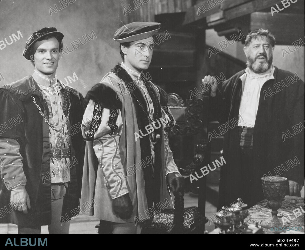 ANDREE DEBAR, ARMANDO FRANCIOLI, MASSIMO SERATO and MICHEL SIMON in LE MERCHAND DE VENISE, 1953, directed by PIERRE BILLON. Copyright ELYSEE FILM-VENTURINI.