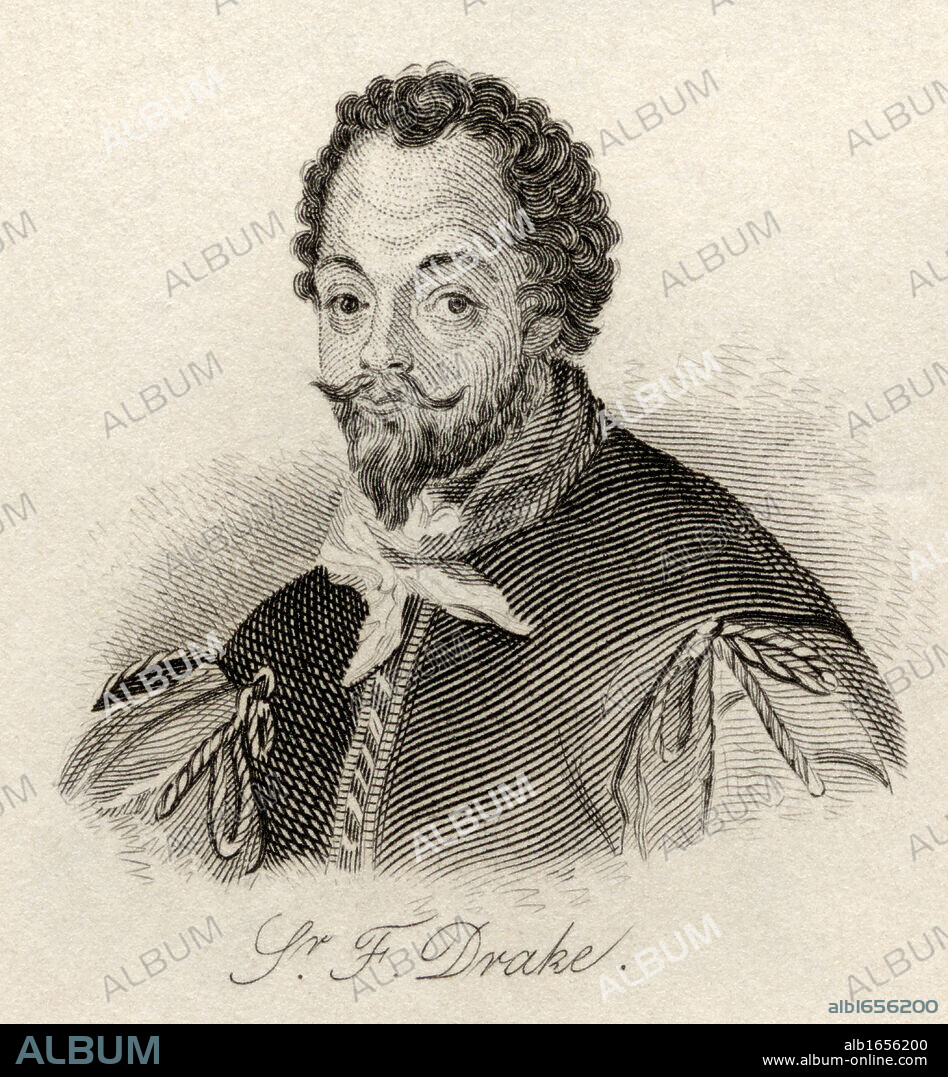 Sir Francis Drake c.1540 3-1596.Vice admiral. English privateer, navigator, slaver, and politician of the Elizabethan era. From the book Crabb's Historical Dictionary published 1825.