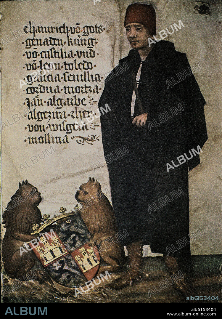 ENRIQUE IV DE CASTILLA (1425-1474) - AUTOBIOGRAFIA DEL CABALLERO GEORG VON EHINGEN - 1428-1508 - FOL 85r - DIBUJO A PLUMA COLOREADO SOBRE PERGAMINO.