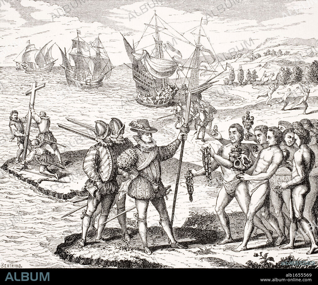 Discovery of America,12th of May,1492. Columbus erects the Cross and baptizes the Isle of Guanahami, now Cat Island,one of the Bahamas, by the Christian name of St. Salvador. From an engraving on copper by Theodor de Bry in the collection Grands Voyages printed 1590.