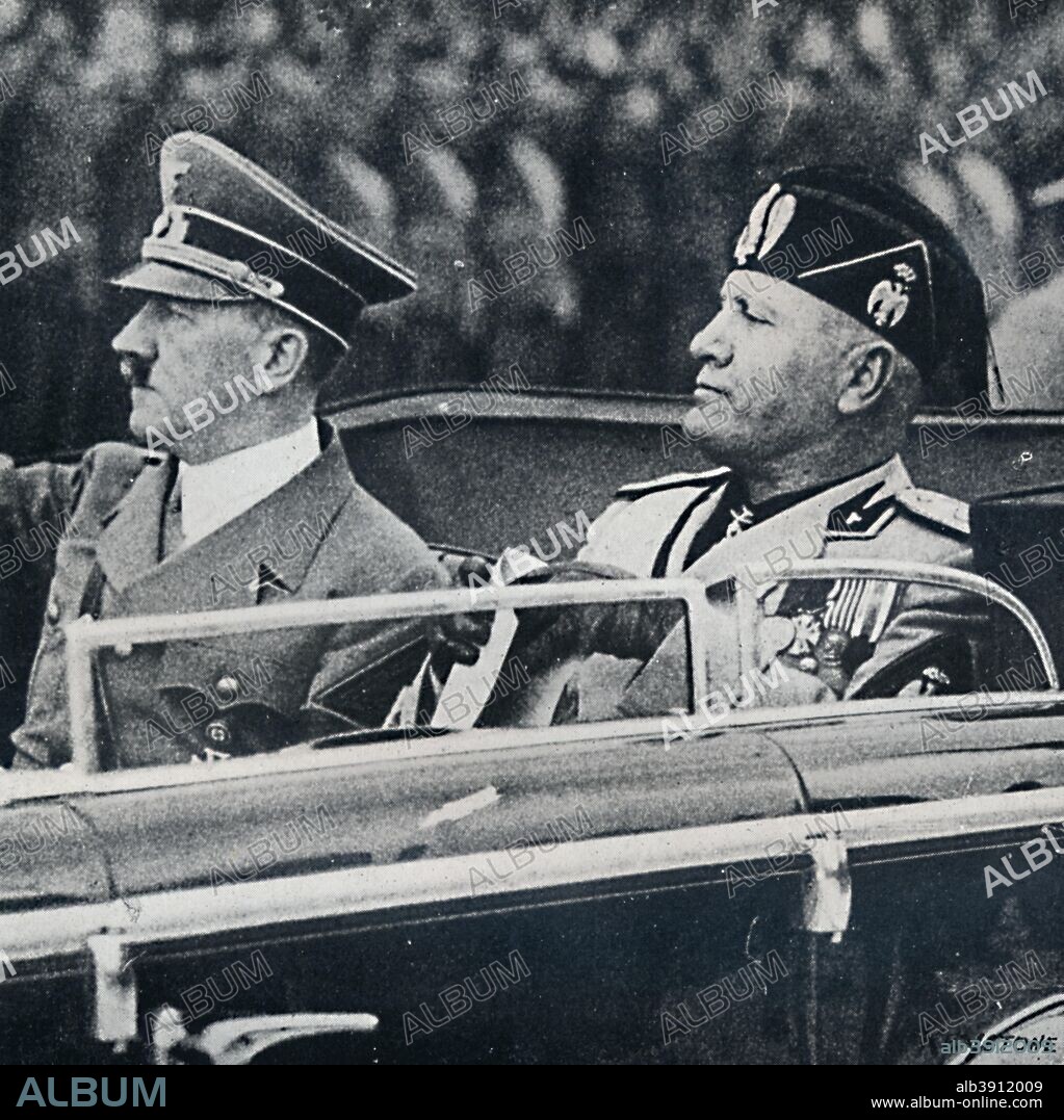 'Europe was dominated by two political thugs of the Continent', c1937, (1945). Adolf Hitler (1889-1945) and Benito Mussolini (1883-1945) head of the National Fascist Party, in an open topped car.  From Winston Churchill: His Life in Pictures, by Ben Tucker. [Sagall Press, Ltd., London, 1945].
