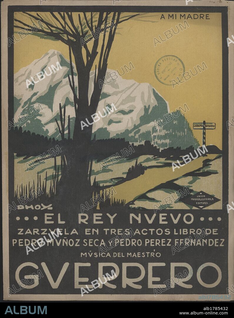 España. Portada de la partitura de la zarzuela El Rey nuevo, del maestro Jacinto Guerrero. Editada en Madrid en 1923.