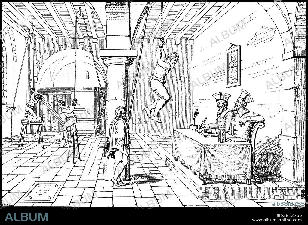 An Inquisition torture chamber where one victim is tied up and suspended from a pulley while being interrogated by two scribes, while another victim is suspended from the ceiling and lowered onto a spike with his rectum. The Inquisition was a group of institutions within the government system of the Catholic Church whose aim was to combat heresy. It started in 12th century France to combat religious sectarianism, in particular the Cathars and the Waldensians. During the Late Middle Ages and early Renaissance, the concept and scope of the Inquisition expanded in response to the Protestant Reformation and the Catholic Counter-Reformation, resulting in the Spanish Inquisition and Portuguese Inquisition. The Spanish and Portuguese inquisitions focused particularly on the issue of Jewish anusim and Muslim converts to Catholicism, partly because these minority groups were more numerous in Spain and Portugal than in many other parts of Europe, and partly because they were often considered suspect due to the assumption that they had secretly reverted to their previous religions. Except within the Papal States, the institution of the Inquisition was abolished in the early 19th century.