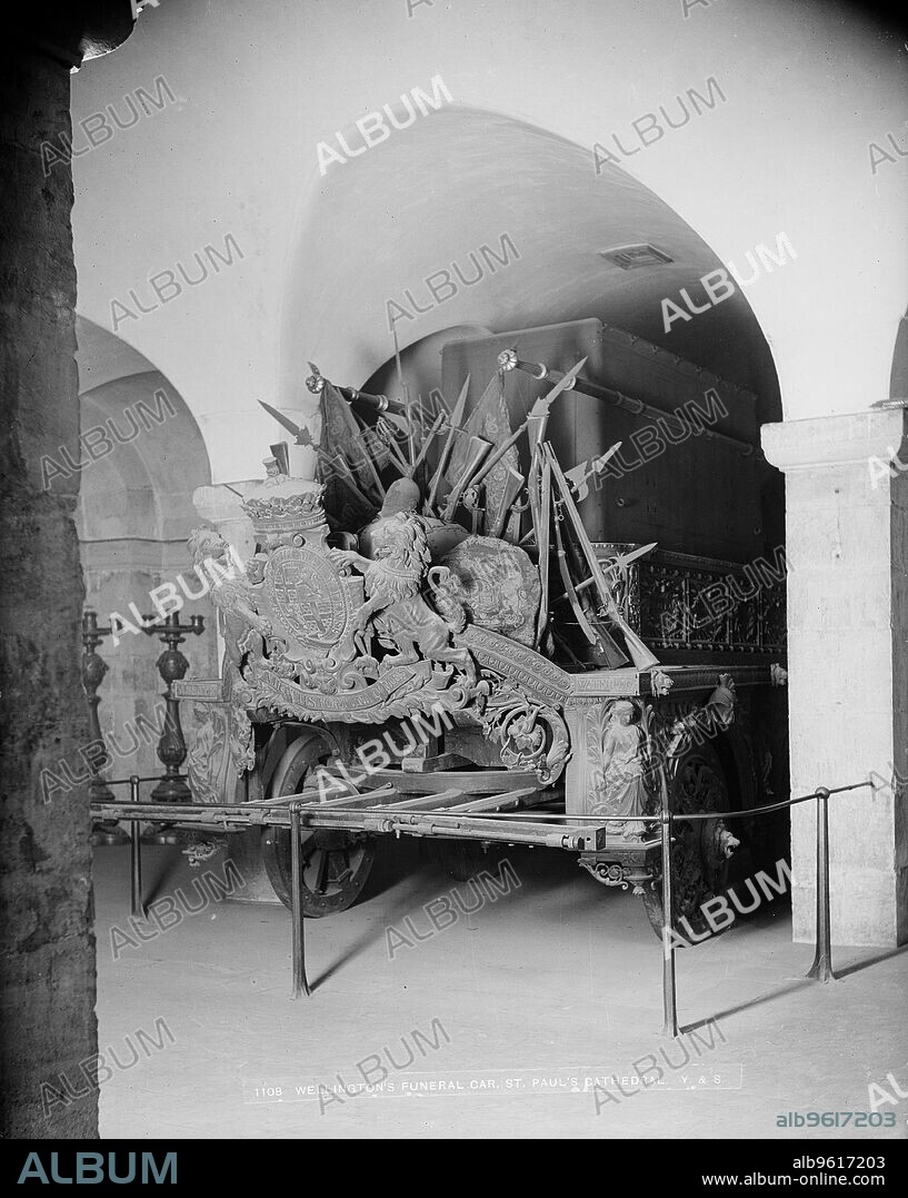YORK & SON. Duke of Wellington's funeral carriage, St Paul's Cathedral, City of London, c1870-c1900. The front of the funeral car for the state funeral which bore the Duke of Wellington to his final resting place in the crypt of St Paul's in 1852. It is now on display at Stratfield Saye House in Berkshire.
