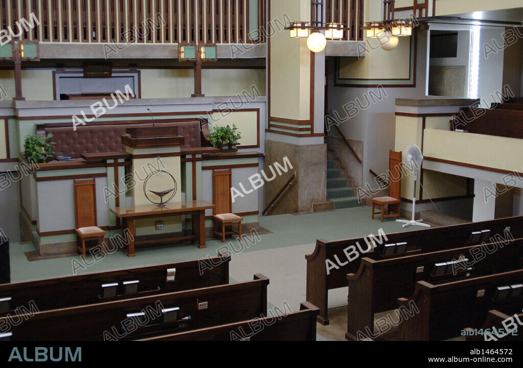 Frank Lloyd Wright (1867-1959). American architect and interior designer. Unity Temple, 1905-1907. Headquarters of the Unitarian Universalist Church. Partial view of the interior of the sanctuary. Oak Park. Near Chicago. State of Illinois. United States.