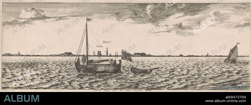 View of the north side of the river Maas, with Delft and De Lier in the background, View of Delft and De Lier Postcard (series title), print maker: Joost van Geel, Joost van Geel, publisher: Jacob Quack, (possibly), Rotterdam, in or after 1666, paper, etching, engraving, h 150 mm × w 420 mm.