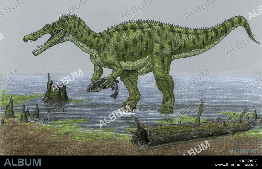 A Baryonyx walkeri dinosaur catches a fish as it's next meal.