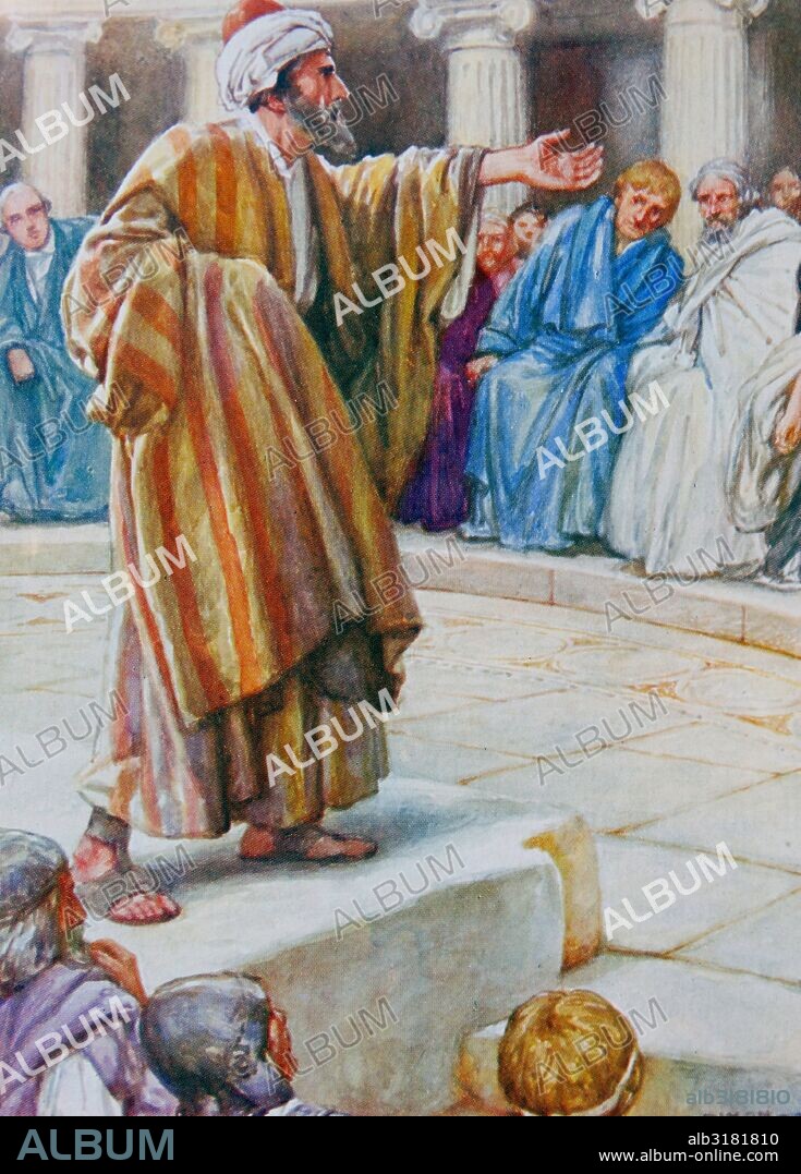 Paul the Apostle (c. 5 – c. 67), Saint Paul delivering the Areopagus sermon in Athens. illustration by Arthur A. Dixon 1872-1959. From the Precious Gift: Bible Stories for Children by T W Wilson (1910).