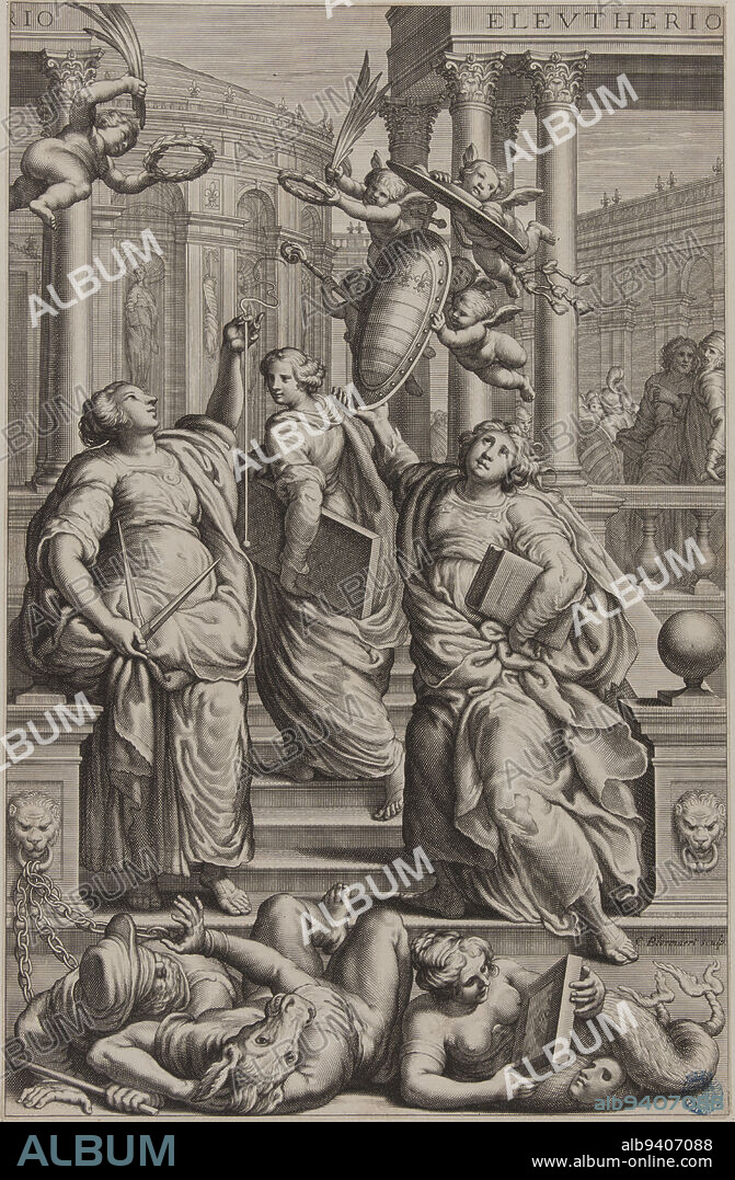 Three women, Astronomy, Geometry and Philosophy walking towards the Temple of Memory, Allegory for a thesis defended in Rome and dedicated to Cardinal Farnese (Dutuit p. 47, Le Blanc 209), Bloemaert, Cornelis II (the Younger ), Engraver, 17th century, Print, Graphic arts, Interpretation Print, Burin, Dimensions - Work: Height: 29.5 cm, Width: 19 cm.