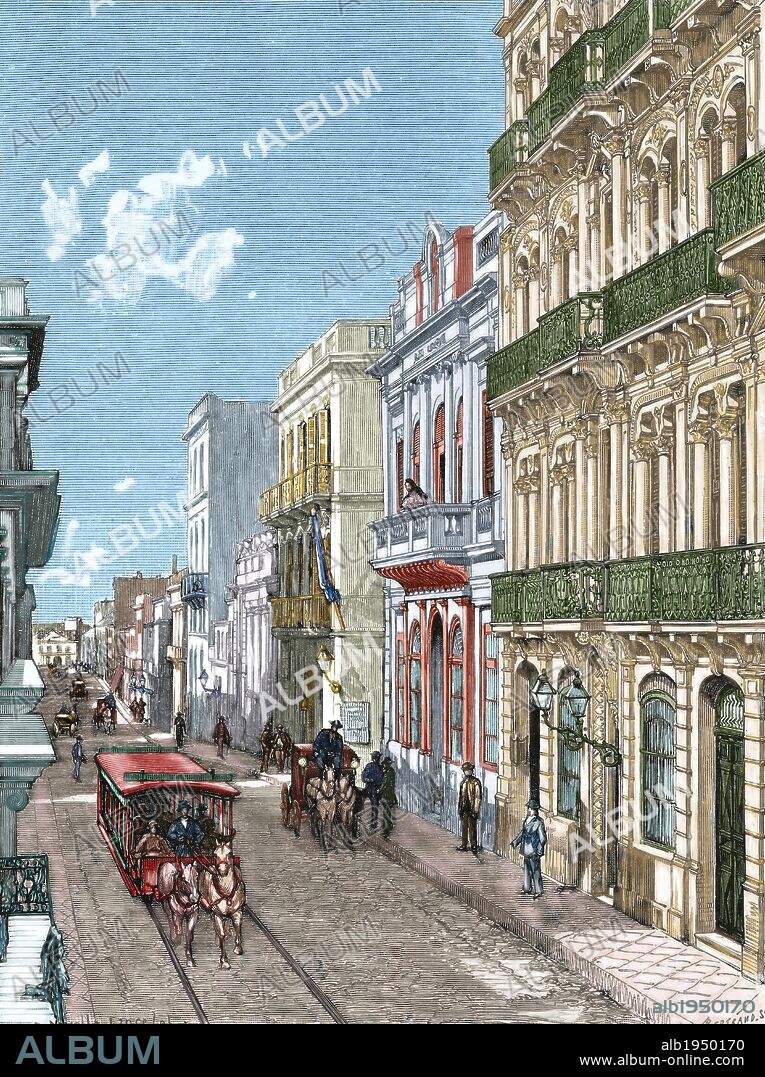 URUGUAY. SIGLO XIX. MONTEVIDEO. Una calle de la ciudad. Grabado por A. Bertrand publicado en "La Ilustración" (año 1887). Coloreado.