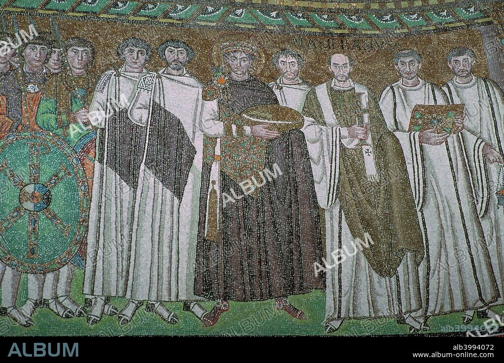 Mosaic of Justinian I (c. 482  14 November 565), and his court in San Vitale, 6th century.