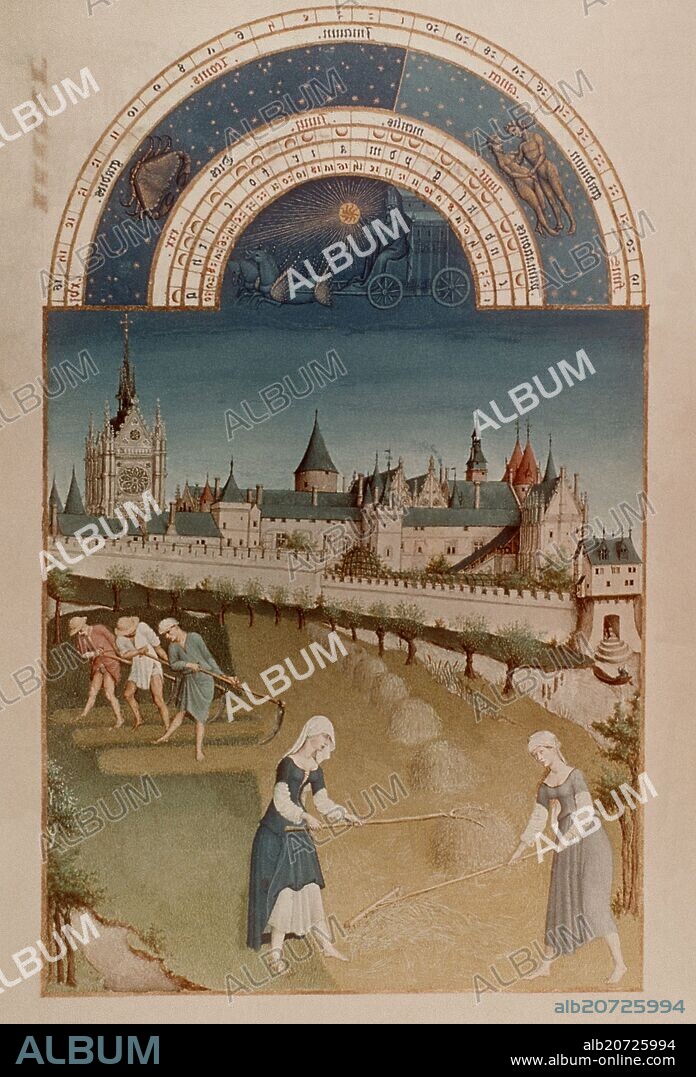 HERMANOS LIMBOURG (S XV). LIBRO DE HORAS DEL DUQUE DE BERRY. HOJA CORRESPONDIENTE AL MES DE JUNIO. HACIA 1415.