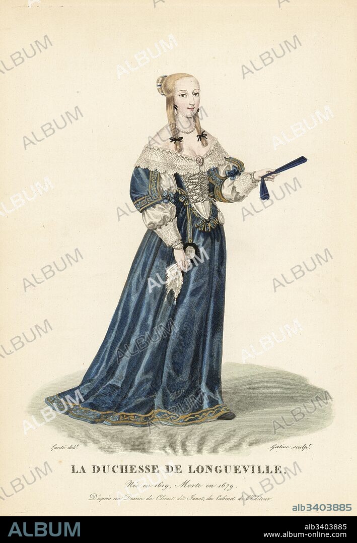 Anne Genevieve de Bourbon, Duchess of Longueville, 1619-1679. Her hair is tied in a bun with two locks tied in ribbons, blue satin dress with lace collar and sleeves, bodice laced with pearls. After a drawing by Janet Clouet in the editor's collection. Handcoloured copperplate engraving by Georges Jacques Gatine after an illustration by Louis Marie Lante from Galerie Francaise de Femmes Celebres, Paris, 1827.