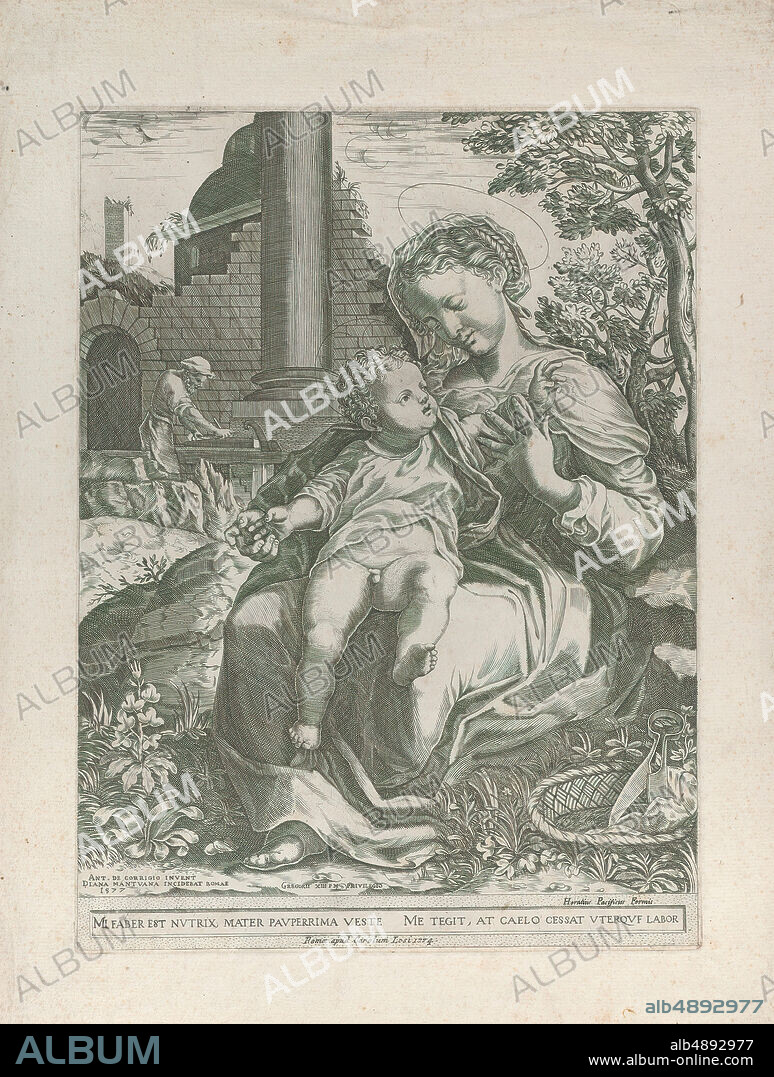 Diana Scultori, The Holy Family in Egypt, with Joseph as a carpenter in the background at left, Diana Scultori (Italian, Mantua ca. 1535?after 1588 Rome), After Correggio (Antonio Allegri) (Italian, Correggio, active by 1514died 1534 Correggio), [1577], republished 1774, Engraving, Plate: 14 3/4 × 11 in. (37.5 × 27.9 cm), Sheet: 19 5/16 × 14 1/16 in. (49 × 35.7 cm), Prints.