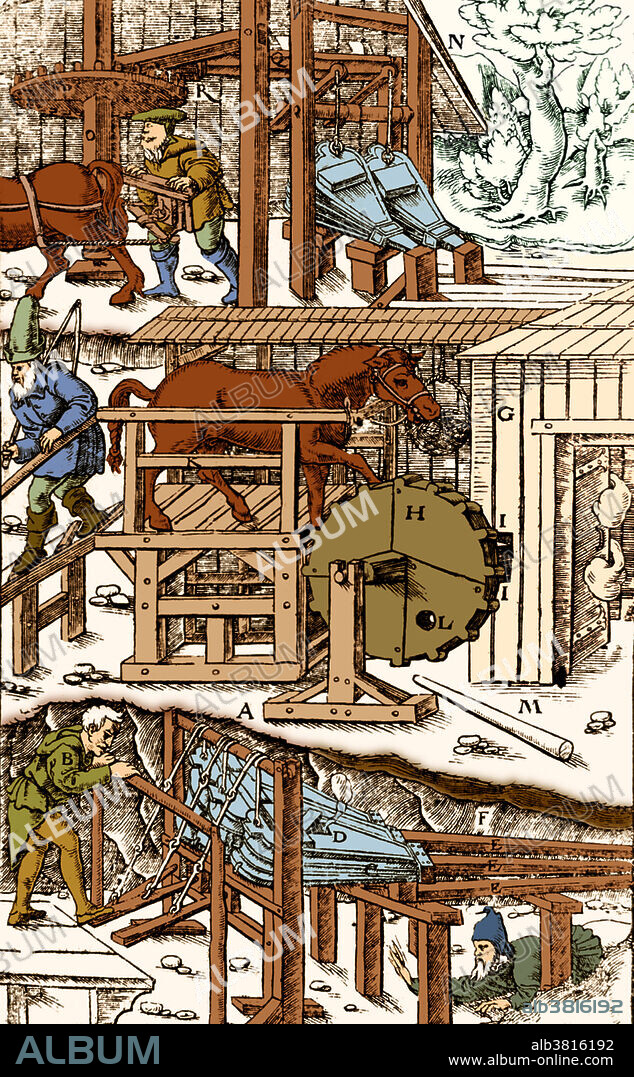 Woodcut from Georgius Agricola's book De Re Metallica (published in 1556), a treatise on mining and extractive metallurgy. This woodcut illustrates three methods of forcing oxygen into mine shafts, two of which are horse-driven and the third is operated by a human. Georgius Agricola (1494-1555) was a German scholar and scientist. Known as the father of mineralogy .