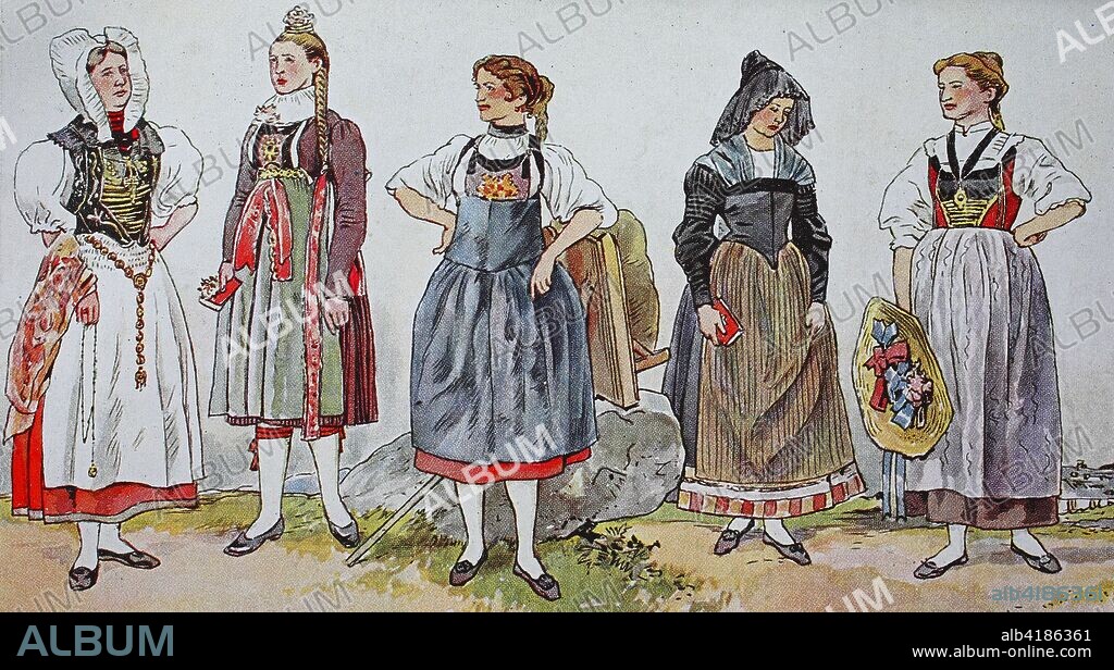 Fashion, costumes, clothing in Switzerland in the mid-19th century, from the left, farmers wife from Olten, canton of Solothurn, bride from Guggisberg, canton of Berne, working costume by Guggisberg, churchgoer from the Simmental, canton Bern and a farmers wife from the canton of Lucerne, digital improved reproduction from an original from the year 1900.