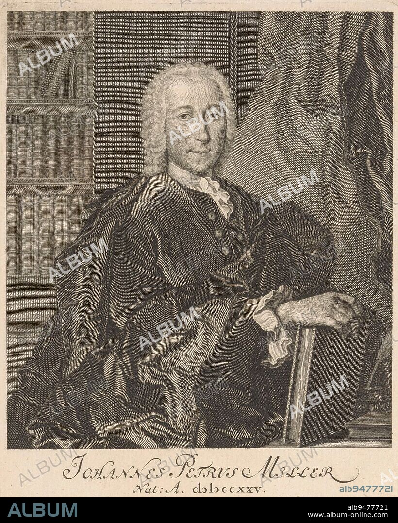 Portrait of Johann Peter Miller, Johann Martin Bernigeroth, after Johann Chistian Heinrich Sporleder, after Gottfried Sporleder, 1765, print maker: Johann Martin Bernigeroth, (mentioned on object), after: Johann Chistian Heinrich Sporleder, (mentioned on object), after: Gottfried Sporleder, (mentioned on object), print maker: Leipzig, after: Halle an der Saale, after: Halle an der Saale, 1765, paper, engraving, h 192 mm - w 146 mm.