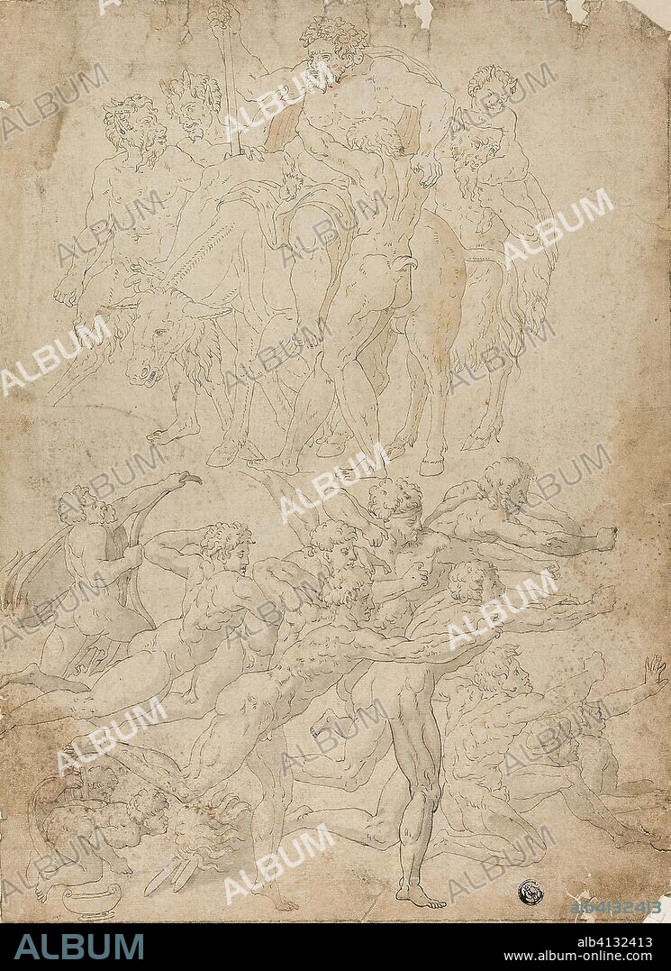 Archers Shooting at a Herm, Triumph of Bacchus, and Other Studies. after Michelangelo Buonarroti (Italian, 1475-1564); and Pietro Buonaccorsi, called Perino del Vaga (Italian, 1501-1547). Date: 1495-1564. Dimensions: 375 × 274 mm (max.). Pen and brown ink, and brush and gray and brown wash, on tan laid paper, laid down on cream laid card. Origin: Italy.