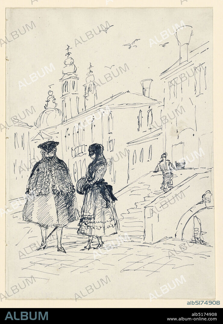 Sketch of a Street Scene in Venice, Pen and ink on paper, A masked couple shown standing against a background of a bridge and houses. Steeples and a dome of a church in the left distance., Italy, 17751800, Drawing, Drawing.