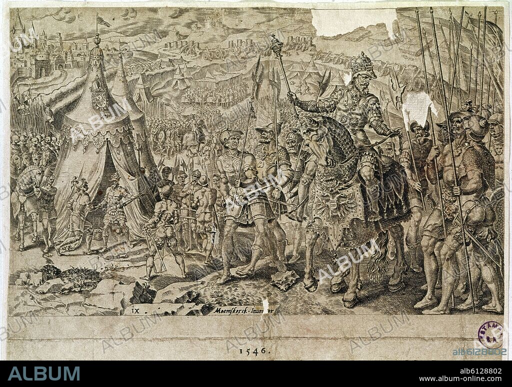 MAERTEN VAN HEEMSKERCK (1498-1574). GRABADO-CDE DE BUREN SE UNE A ARMADA DE CARLOS V CERCA DE INGOESTADT-1546.