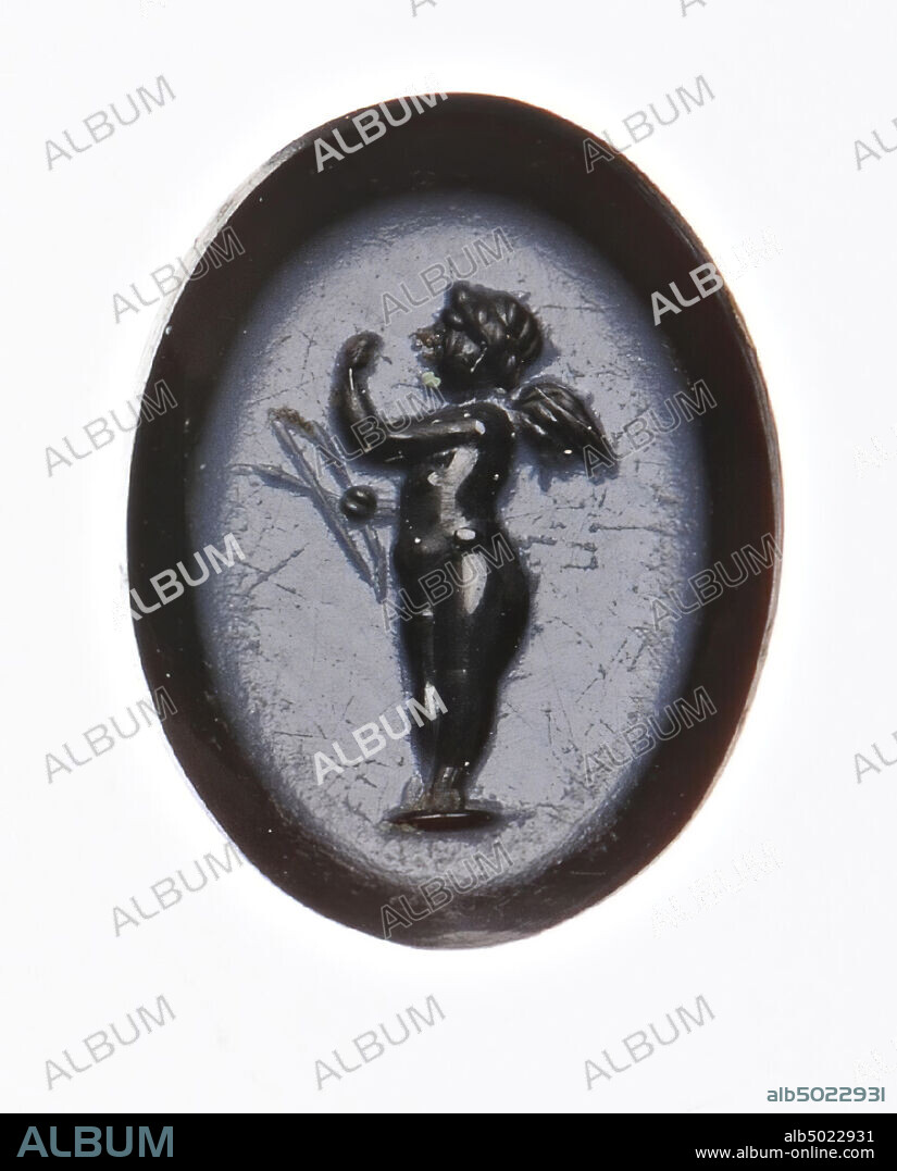 Vz: the fat, small boy has a schematically shown bow and arrow in his right hand and looks at an unidentified object in his left hand., Gem, intaglio, ringstone, agate, nicolo, Color: black.