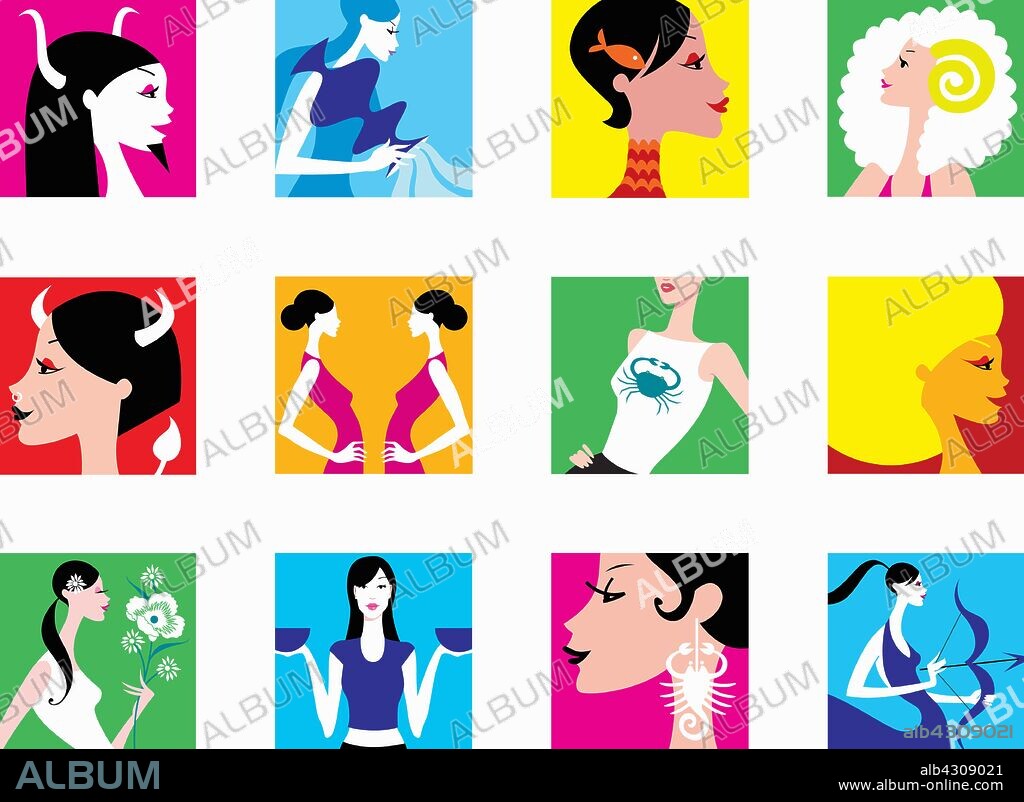 Montage of women representing signs of the zodiac.