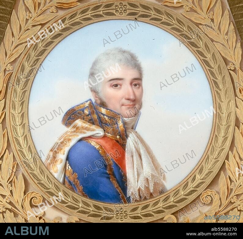 JEAN-BAPTISTE ISABEY, PIERRE-PHILIPPE THOMIRE, CHARLES PERCIER and ANTOINE-FRANCOIS GERARD. Augereau, Pierre François Charles, Duke of Castiglione, marshal of France, Paris 21.10.1757 - La Houssaye 6.12.1816. Portrait. China painting, 1808-1810, Detail of t. Austerlitz-Tisches by Thomire a. o., Bronze and china from Manufaktur Sèvres. Rueil-Malmaison, Musée du Château.