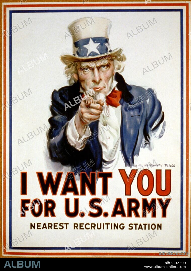 Poster for "I want you for U. S. Army" shows Uncle Sam pointing his finger at the viewer in order to recruit soldiers for the American Army during World War I. The printed phrase "Nearest recruiting station" has a blank space below to add the address for enlisting. Uncle Sam (initials U.S.) is a common national personification of the American government that, according to legend, came into use during the War of 1812. The image of Uncle Sam was shown publicly for the first time, according to some, in a picture by James Montgomery Flagg on the cover of the magazine Leslie's Weekly, on July 6, 1916, with the caption "What Are You Doing for Preparedness?" More than four million copies of this image were printed between 1917 and 1918. It was this image more than any other that set the appearance of Uncle Sam as the elderly man with white hair and a goatee wearing a white top hat with white stars on a blue band, and red and white striped trousers.