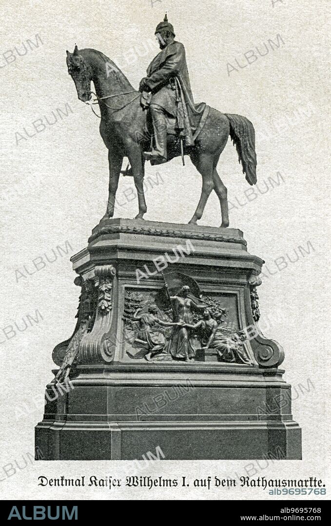 Europe, Germany, Hamburg, horseman monument of the German Emperor Wilhelm I , sculptered by Johannes Schilling, until 1930 the location was on the town hall square, later in the park complex called Planten un Blomen, image from : Landeskunde der freien und Hansestadt Hamburg und ihres Gebietes ( Regional view of Hamburg and surrounding ) , by Gustav Dilling, publishing house : Ferdinand Hirt, Konigliche Universitäts- und Verlagsbuchhandlung ( Royal university - and bookstore publishing house ) , Breslau, 1907 .