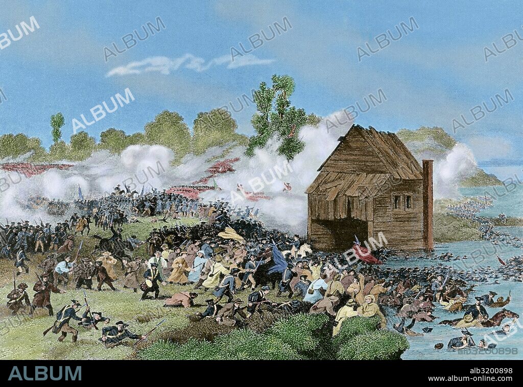 American Revolutionary War (1775-1783). The Battle of Long Island or Battle of Brooklyn(August 27, 1776). Defeat for the Continental Army under General George Washington. Engraving by Alonzo Chappel. Colored.